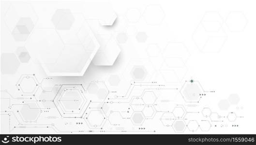 Vector illustration circuit board and hexagons background. Hi-tech digital technology and engineering, digital telecom technology concept. Vector abstract futuristic on white gray color background