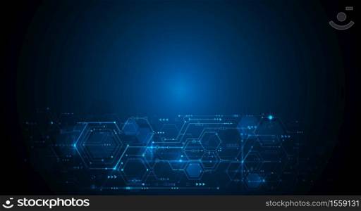 Vector illustration circuit board and hexagons background. Hi-tech digital technology and engineering, digital telecom technology concept. Vector abstract futuristic on dark blue color background