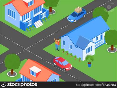 Vector Illustration City Streets Crossroads Flat. Projection Layout Residential Area with Projects Houses. Crossroads Four Roads in City. Married Couple Standing Near House and Welcomes People in Car.