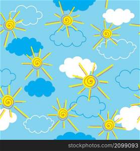 Vector illustration. Clouds and sun on blue background seamless pattern.
