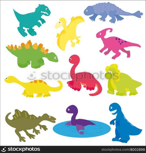 Vector illustration. Collection of colorful cute dinosaurs, different types and eras.