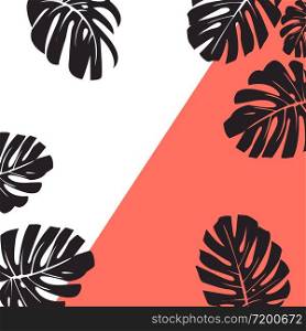 Vector illustration. Color of the year 2019. Living coral. Silhouettes of exotic tropical monstera leaves.