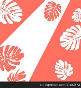 Vector illustration. Color of the year 2019. Living coral. Silhouettes of exotic tropical monstera leaves.