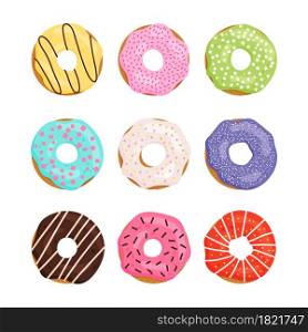 Vector illustration. Color set sweet donut isilated on white background. Doughnut collection. Icing with chocolate, strawberries, lemon, apple, vanilla.. Color set sweet donut isilated on white background. Doughnut collection. Icing with chocolate, strawberries, lemon, apple, vanilla.