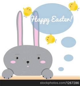 Vector illustration. Colorful Happy Easter greeting card with cartoon rabbit Bunny.