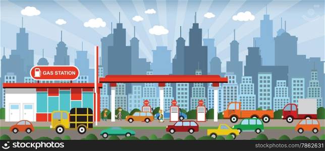 Vector illustration - colorful picture of gas station in the city