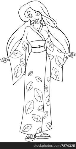 Vector illustration coloring page of a caucasian woman in traditional japanese kimono.&#xA;