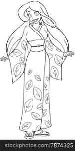 Vector illustration coloring page of a caucasian woman in traditional japanese kimono.&#xA;
