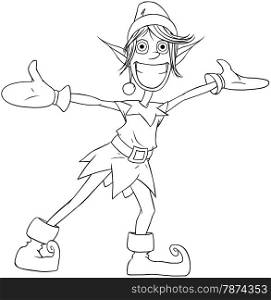 Vector illustration coloring page of a Christmas elf spreading his arms and smiling.&#xA;