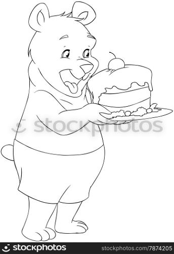 Vector illustration coloring page of a cute young bear holding a delicious cake.&#xA;