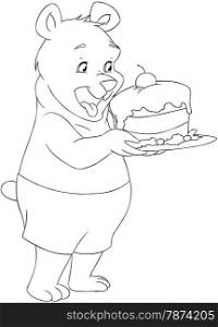 Vector illustration coloring page of a cute young bear holding a delicious cake.&#xA;