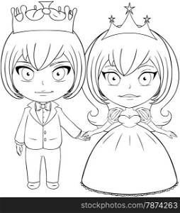 Vector illustration coloring page of a prince and princess holding hands and smiling.&#xA;