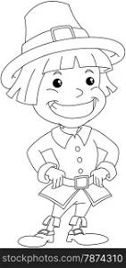 Vector illustration coloring page of a settler boy wearing traditional clothes for Thanksgiving.&#xA;