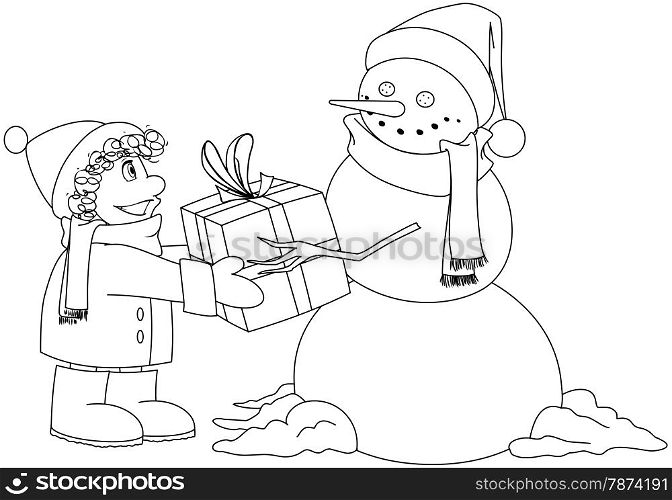 Vector illustration coloring page of a snowman giving a present to a child for Christmas.&#xA;