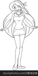 Vector illustration coloring page of a teenage girl in tanktop and shorts.&#xA;