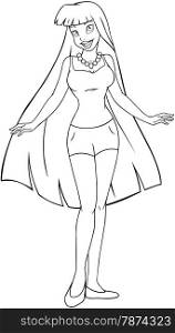 Vector illustration coloring page of a teenage girl in tanktop and shorts.&#xA;