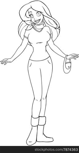 Vector illustration coloring page of a teenage girl in tshirt and long pants.&#xA;