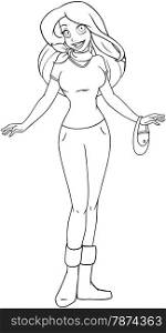Vector illustration coloring page of a teenage girl in tshirt and long pants.&#xA;