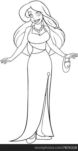 Vector illustration coloring page of a woman in an evening dress.&#xA;
