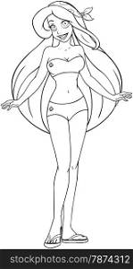 Vector illustration coloring page of a woman in swimsuit and sandals.&#xA;