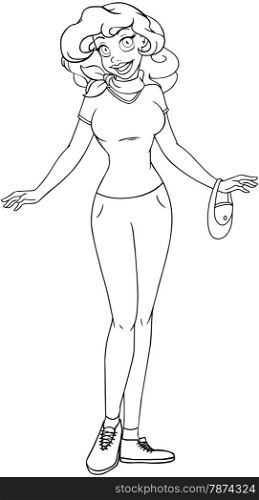 Vector illustration coloring page of an african girl in tshirt and long pants.&#xA;