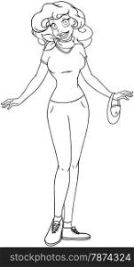 Vector illustration coloring page of an african girl in tshirt and long pants.&#xA;