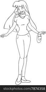Vector illustration coloring page of an asian teenage girl in tshirt and long pants.&#xA;