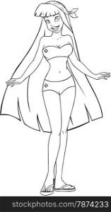 Vector illustration coloring page of an asian woman in swimsuit and sandals.&#xA;