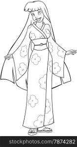 Vector illustration coloring page of an asian woman in traditional japanese kimono.&#xA;