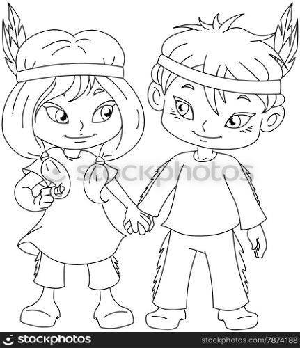 Vector illustration coloring page of children dressed as Indians and holding hands for Thanksgiving or Halloween.&#xA;