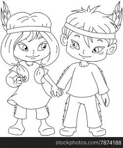 Vector illustration coloring page of children dressed as Indians and holding hands for Thanksgiving or Halloween.&#xA;