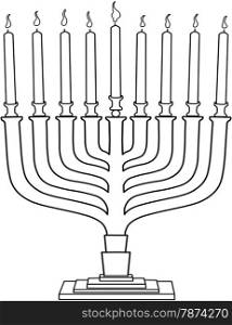 Vector illustration coloring page of Hanukkiah with candles for the Jewish holiday Hanukkah.&#xA;