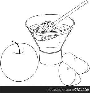 Vector illustration coloring page of honey and apple for Rosh Hashanah the Jewish new year.&#xA;