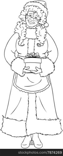 Vector illustration coloring page of Mrs Claus holding a present for Christmas and smiling.&#xA;