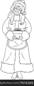 Vector illustration coloring page of Mrs Claus holding a present for Christmas and smiling.&#xA;