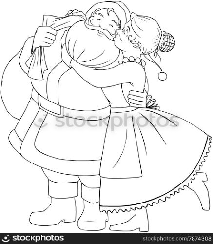 Vector illustration coloring page of Mrs Claus kisses Santa on cheek and hugs him for christmas.&#xA;