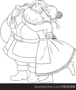 Vector illustration coloring page of Mrs Claus kisses Santa on cheek and hugs him for christmas.&#xA;