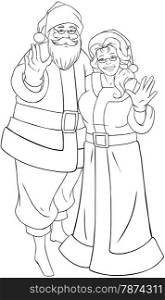Vector illustration coloring page of Santa and Mrs Claus standing hugged and waving their hands for Christmas.&#xA;