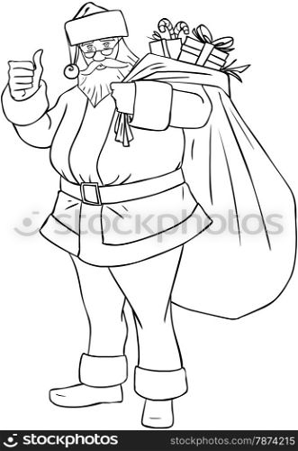 Vector illustration coloring page of Santa Claus holding a huge bag full of presents for Christmas.&#xA;