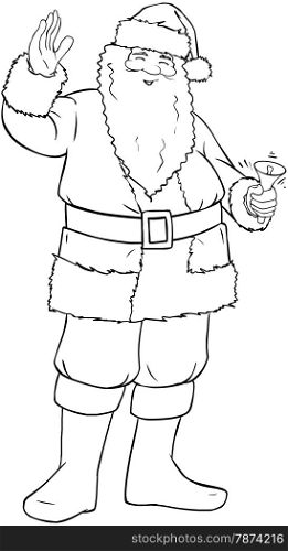 Vector illustration coloring page of Santa Claus smiling and ringing a bell and waving his hand for Christmas.&#xA;