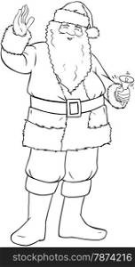 Vector illustration coloring page of Santa Claus smiling and ringing a bell and waving his hand for Christmas.&#xA;