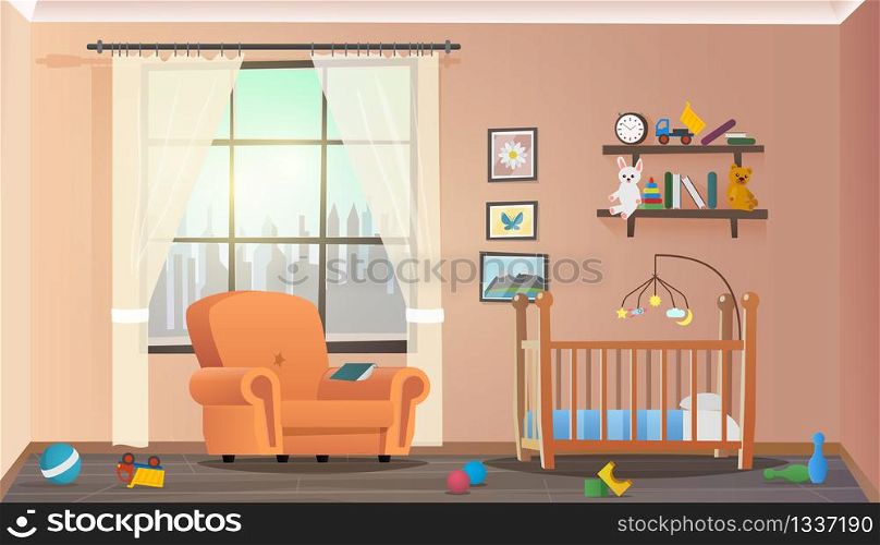 Vector Illustration Concept Children Room Interior. Cartoon Image Child Room with Furniture for Newborn Baby. Orange Chair for Parents near Window with City Silhouette. Toy Scattered Floor