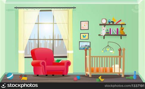 Vector Illustration Concept Children Room Interior. Cartoon Image Child Room with Furniture for Newborn Baby. Red Chair for Parents near Window with City Silhouette. Toy Scattered Floor