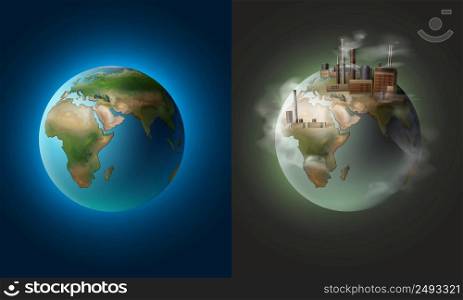Vector illustration concept ecological clean planet against pollution environmental. Clean and polluted planets