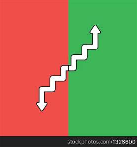 Vector illustration concept of arrow stairs moving up and down. White colored, black outlines and red and green background.