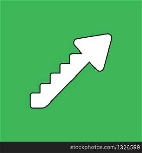 Vector illustration concept of arrow stairs moving up. White colored, black outlines and green background.