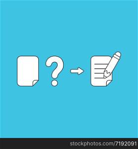 Vector illustration concept of blank paper with question mark and writing on paper with pencil. Blue background.