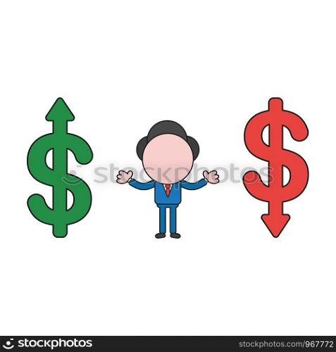 Vector illustration concept of businessman character between dollar symbols and arrows up, down. Color and black outlines.