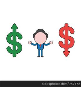 Vector illustration concept of businessman character between dollar symbols and arrows up, down. Color and black outlines.