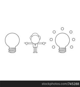 Vector illustration concept of businessman character between light bulbs and pointing. Black outline.